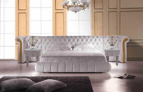 Chesterfield design premium faux leather upholstered double bed with massive backrest & crystal stones made of real wooden frame