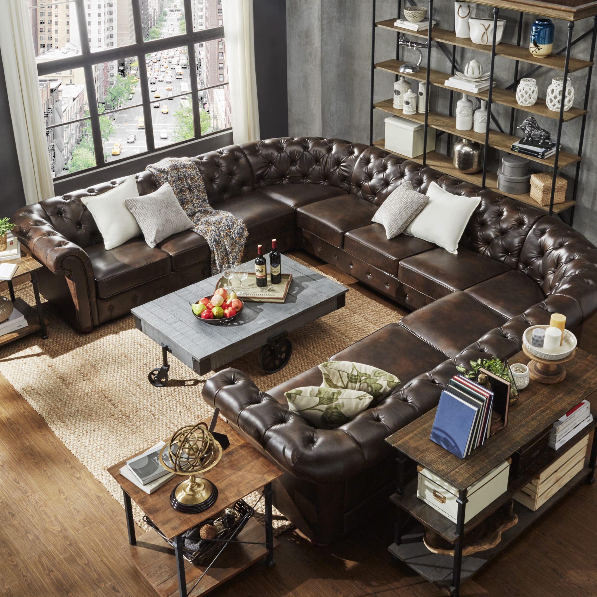 Chesterfield Corner Sofa U-Shaped Dark Brown Premium Faux Leather New Living Room