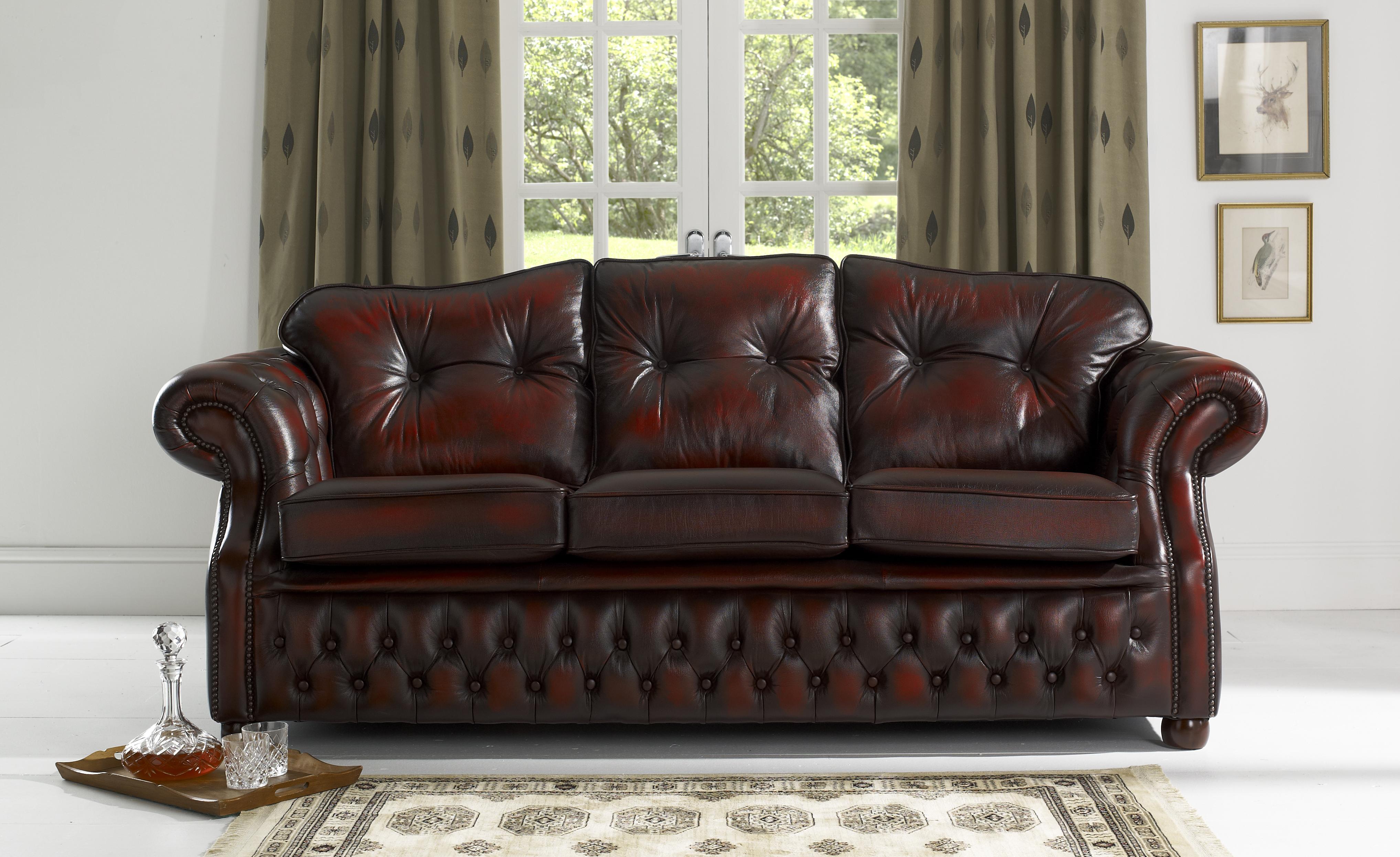 Chesterfield Classic Sofa 3-Seater Brown Red Faux Leather Premium Living Room Couch With Cushions