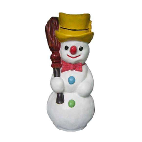 Decorative sculpture designed as a white standing snowman with a broom 78cm