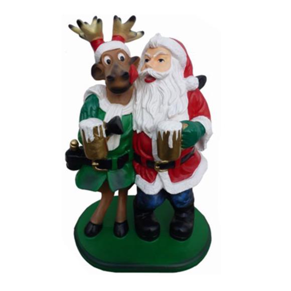 Christmas decorative sculpture designed as a cartoon santa with reindeer drinking beer 58cm