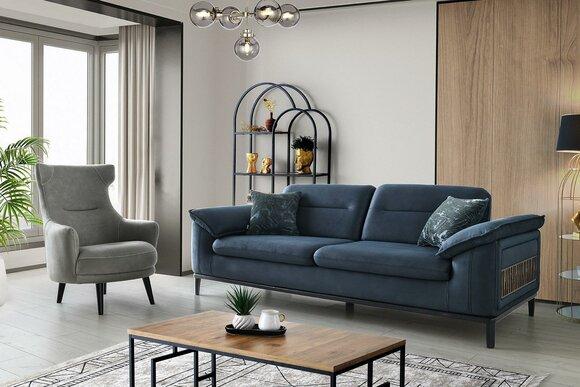 Blue-grey sofa set upholstered three-seater modern upholstered armchair 2pcs