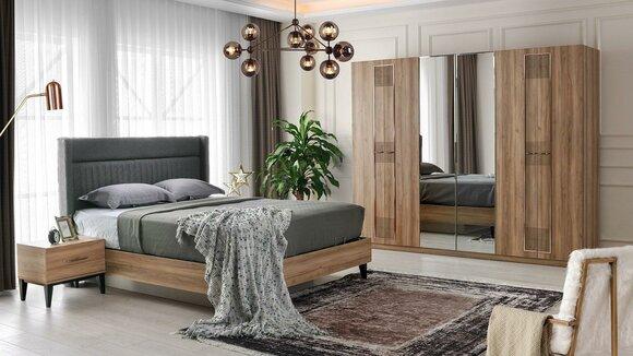 Bedroom set double bed bedside tables brown bed 4-piece wardrobe