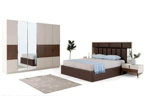 Bedroom set double bed bedside tables brown 4-piece wooden wardrobe