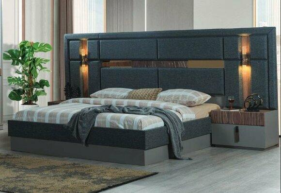 Dark grey double bed Designer wooden bedside tables Bedroom set