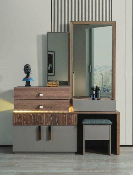 Brown-grey bedroom furniture Luxury chest of drawers with mirror Upholstered stool