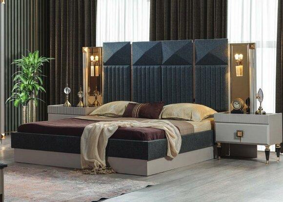 Modern bedroom furniture designer grey bed 2x wooden bedside tables 3pcs