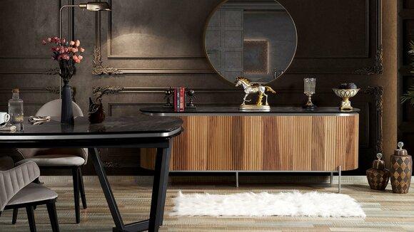 Luxurious dining room set modern Consists of black sideboard and mirror