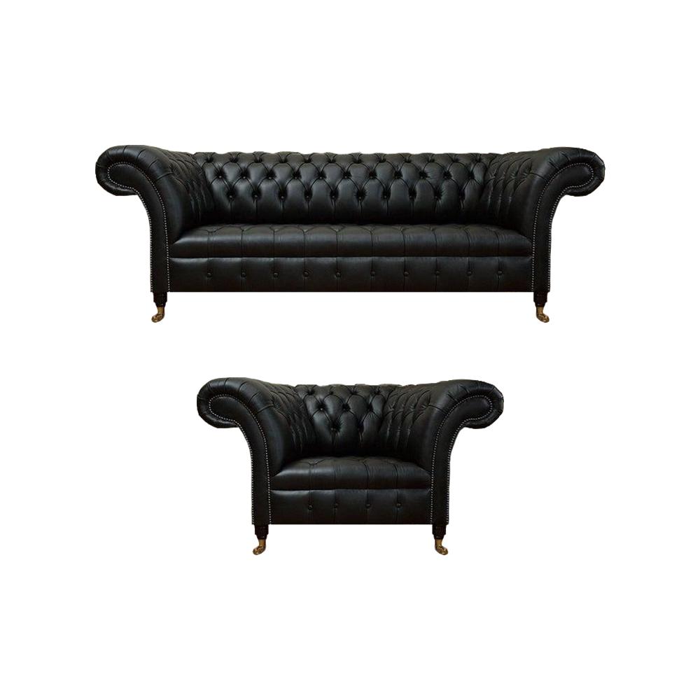 Luxury Black Complete Sofa Couch Three Seater Leather Sofa Set Armchair