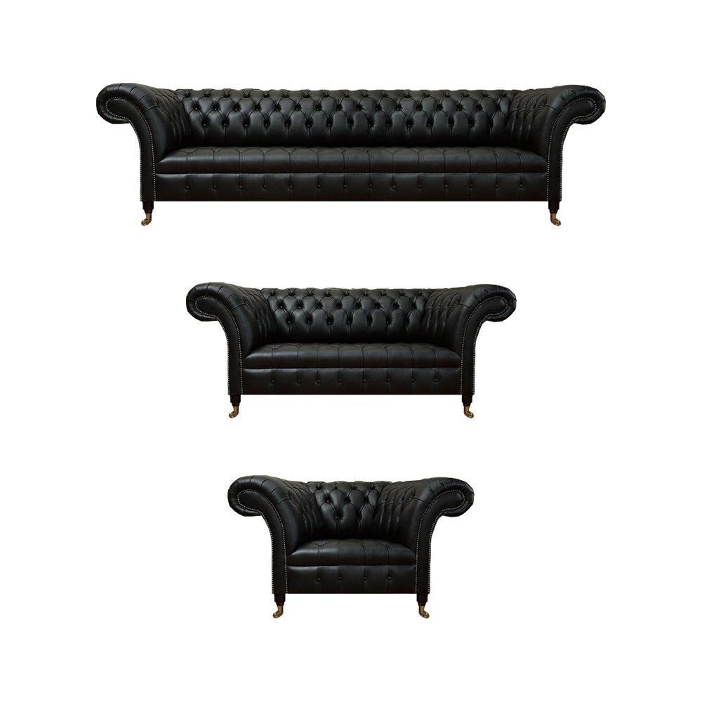 Living room sofa set black 3pc luxury design Chesterfield new