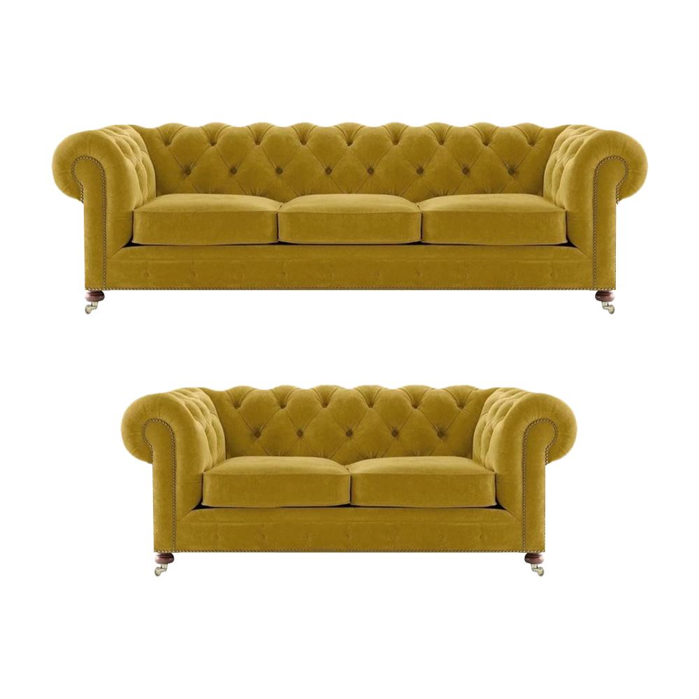 Chesterfield Yellow Living Room 2x Sofa Sets Couch Luxury Upholstered Furniture