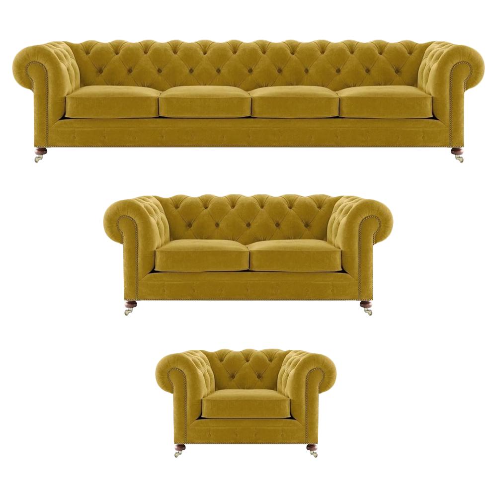 Luxury yellow complete 4+2+1 living room armchair Chesterfield textile upholstered furniture