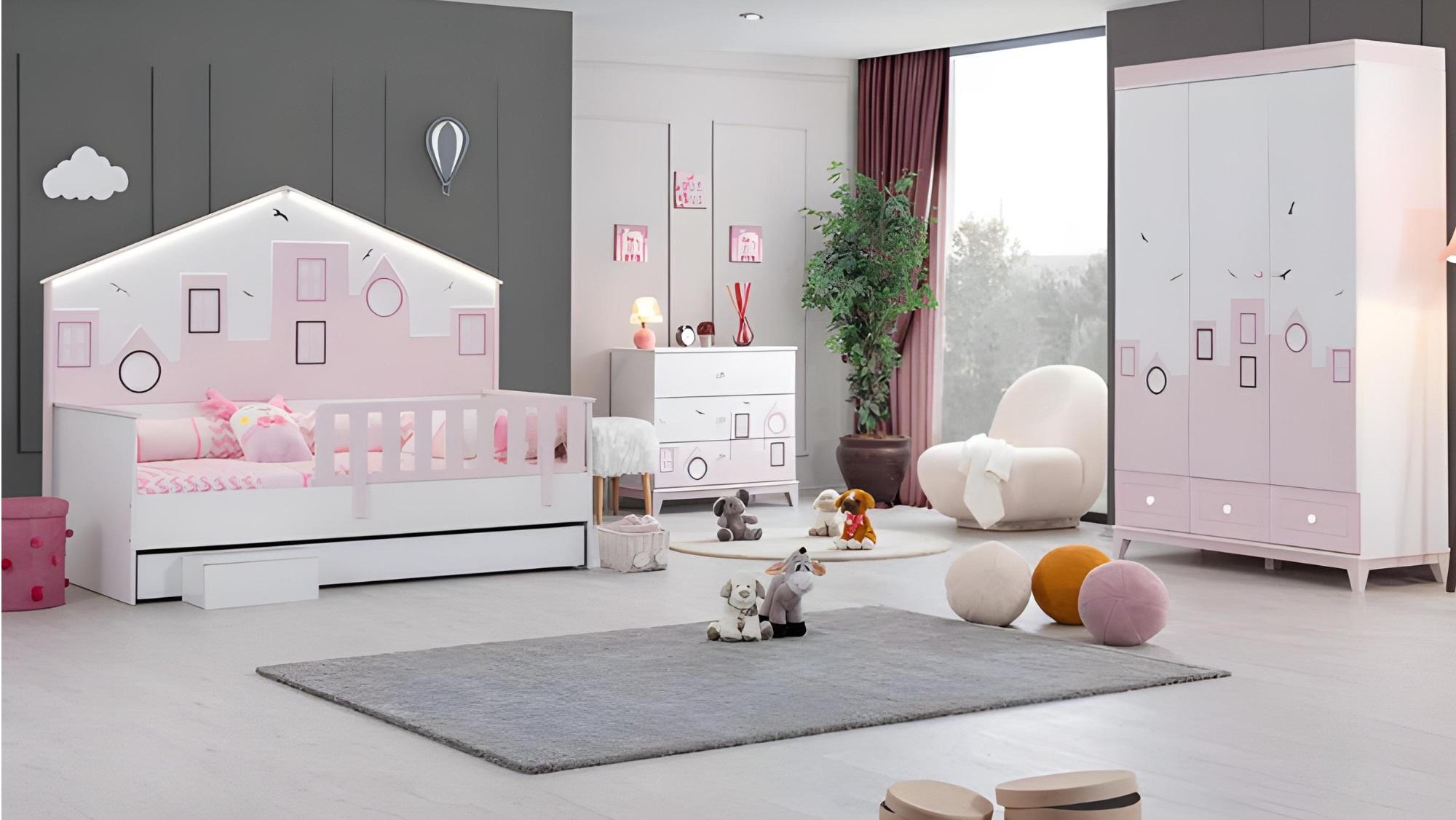 Children\'s bed pink wardrobe youth room children\'s room furniture 2-piece set wood