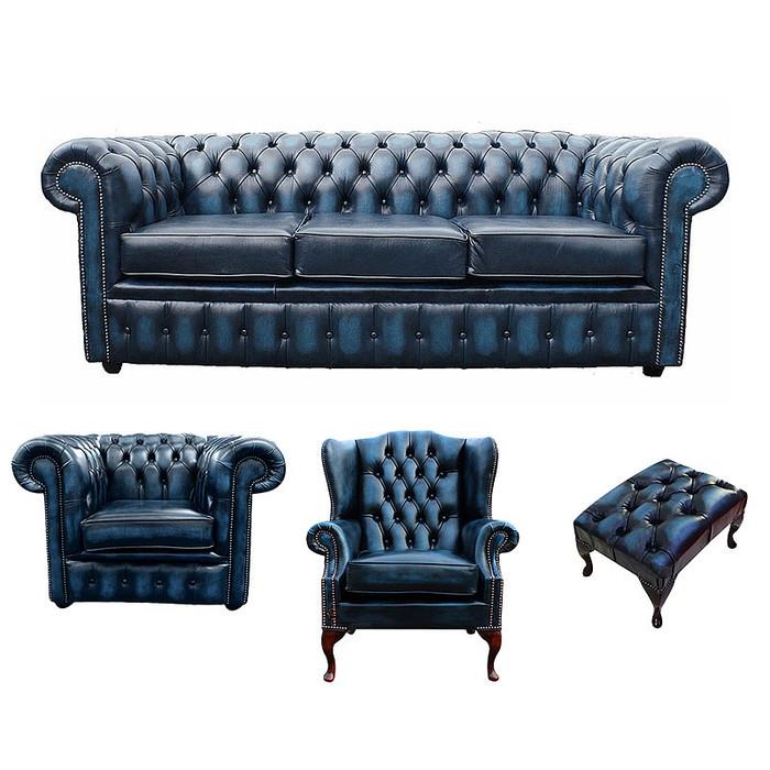 Chesterfield Sofa Set 3+1 Seaters + Wing Chair + Stool Blue Faux Leather Upholstered Classic Couches New