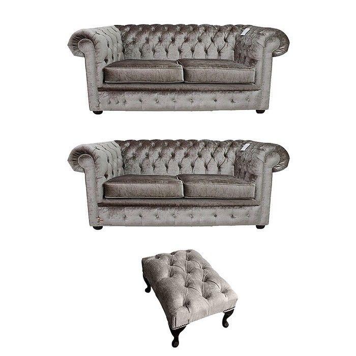 Chesterfield Sofa 2+2 Seaters + Footstool Sofa Set Grey Textile Upholstery Comfortable Couches New