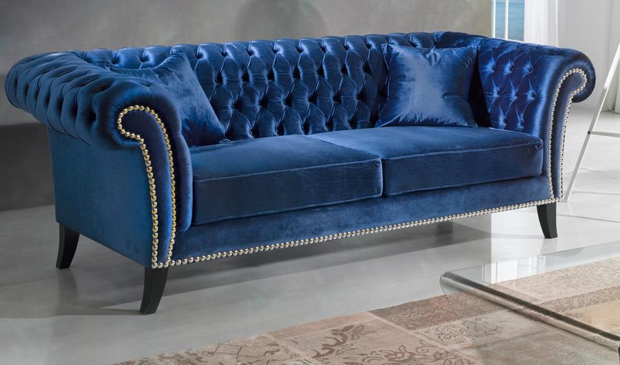 Chesterfield Classic Sofa 3-Seater Blue Textile Upholstered Living Room Comfortable Couch With Cushions New