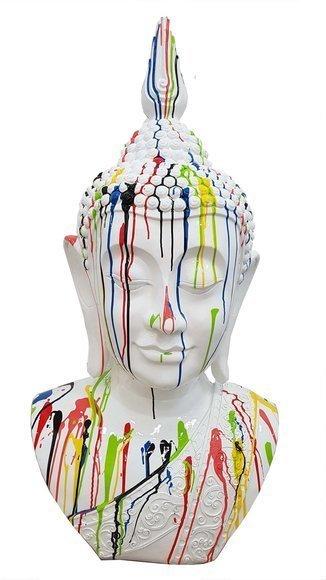 Abstract decorative figure designed as a gloss white colored buddha bust in colorful stripes 117cm