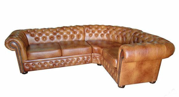 Chesterfield Corner Sofa L-Shaped Orange Brown Faux Leather L-Shaped Comfortable English Style