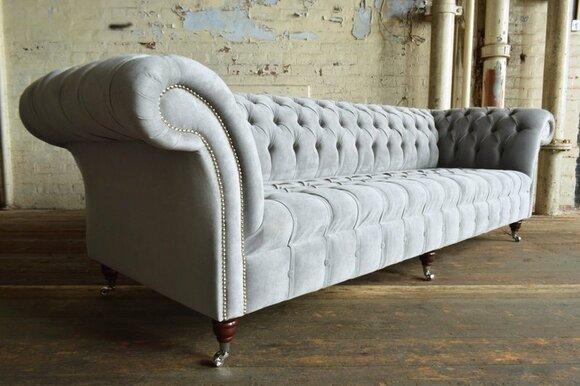 Chesterfield 4-Seater Sofa Silver Grey Leather / Textile Upholstery Choice New Couch On Couches