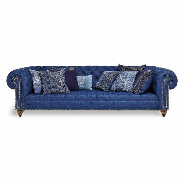 Chesterfield Sofa 3-Seater Blue Textile Fabric Upholstery Amazing Modern Design Comfortable Couch