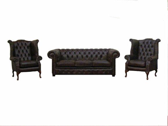 Chesterfield Sofa Set 3-Seater + 2x Wing Armchair Comfortable Dark Brown Couches With Cushions New