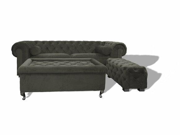 Chesterfield Sofa 3-Seater Textile Dark Grey Upholstery Classy Design With Buttons Comfortable New