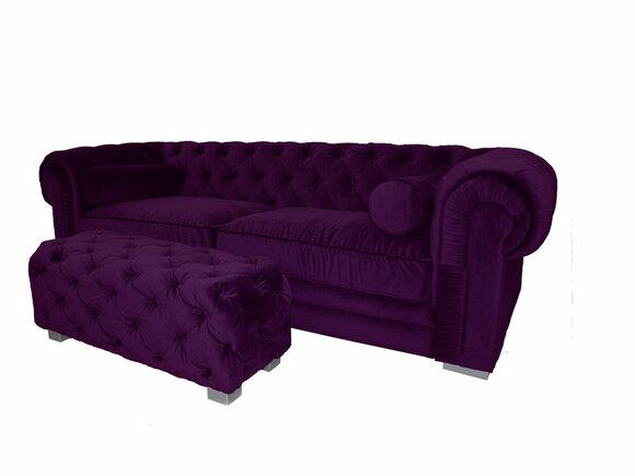 Chesterfield Comfortable Sofa 3-Seater Purple Textile Upholstered With Cushions New Luxurious Modern Design