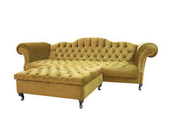 Premium Chesterfield Sofa 3-Seater Textile Yellow Metal Feet Comfortable Couch With Buttons New