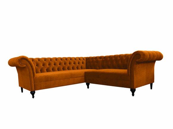 Chesterfield Corner Sofa L-Shaped Orange Textile Velvet Upholstered Living Room Couch