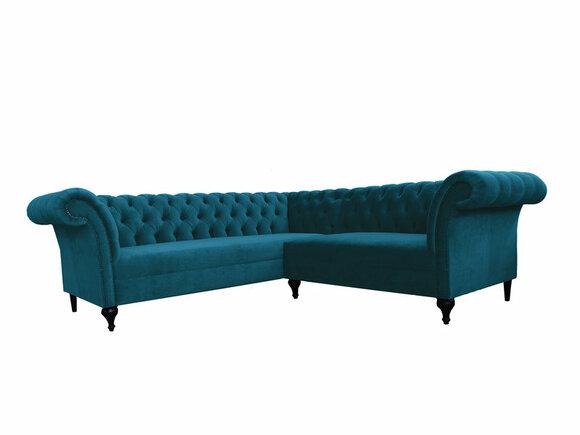 Chesterfield L-Shaped Corner Sofa Blue Comfortable Velvet Textile Couch Living Room New